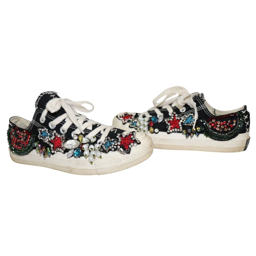 Custom Embellished Black Canvas Sneakers Beaded & Rhinestone Star Design 8